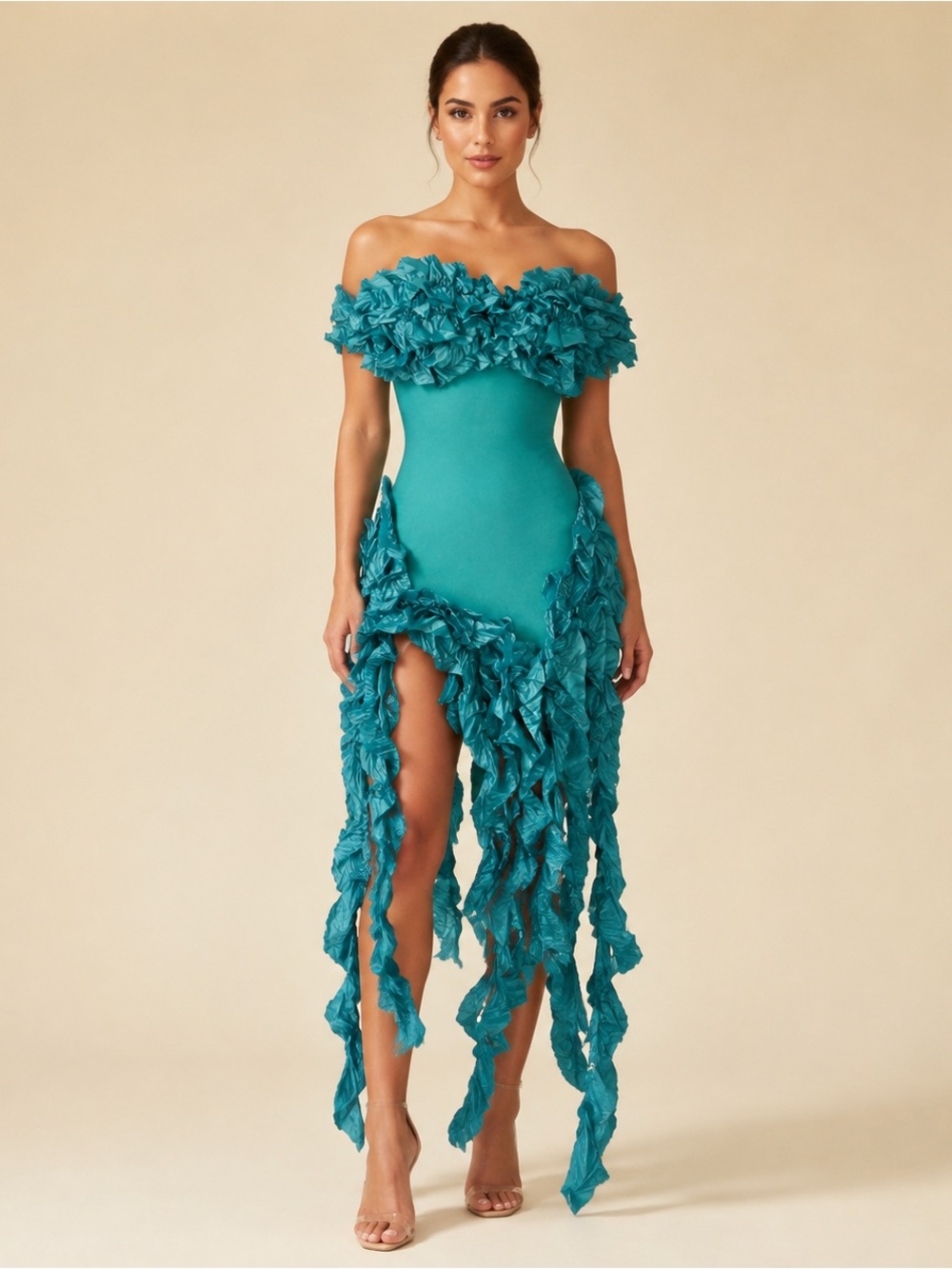 Teal Sculptural Ruffle Couture Dress